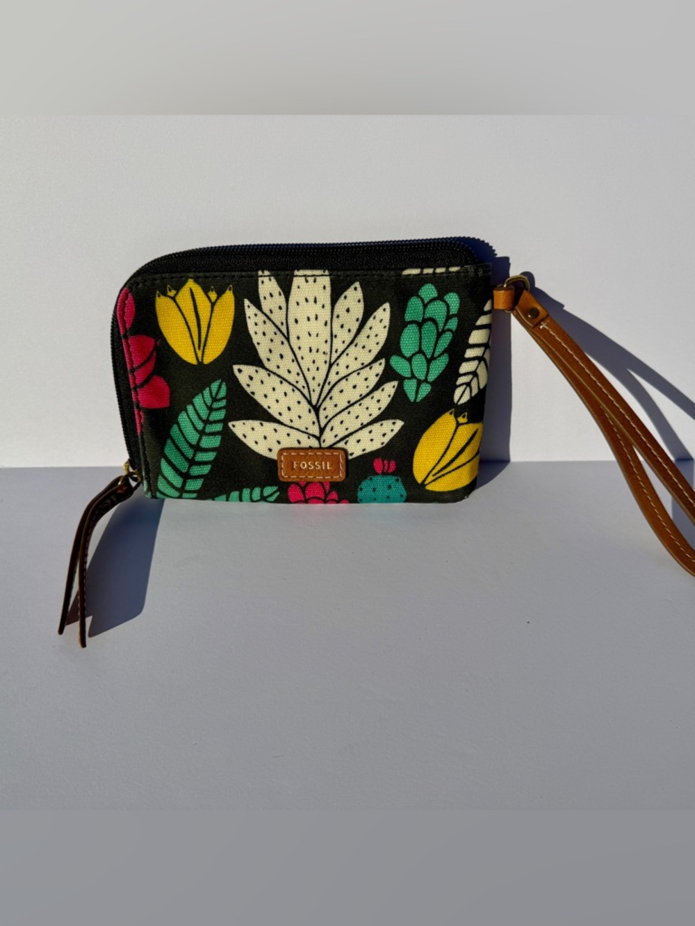 Fossil Black Floral Wristlet with Yellow, Green & Pink Accents